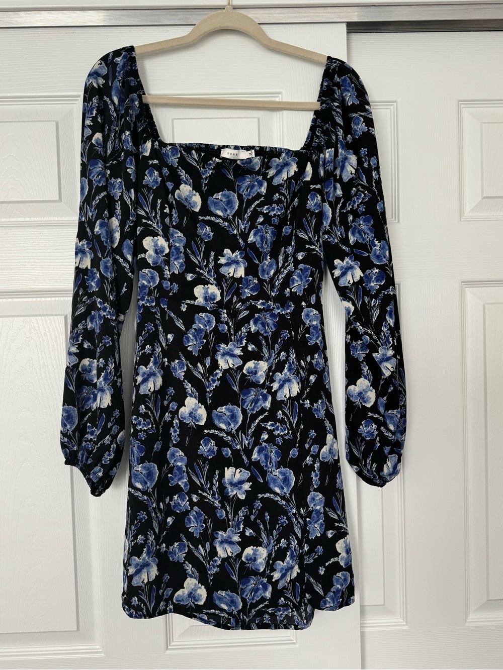 Black + Blue Floral Print Dress - Long Sleeve Square Neck